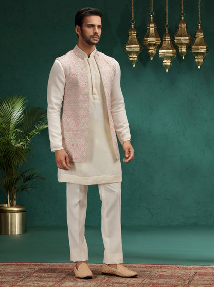 Cream Printed Kurta Pajama with Koti | Virasana