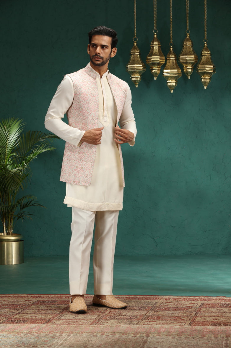 Cream Printed Kurta Pajama with Koti | Virasana