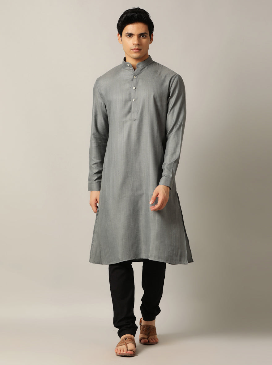 Grey Solid Regular Fit Modi Kurta | JadeBlue