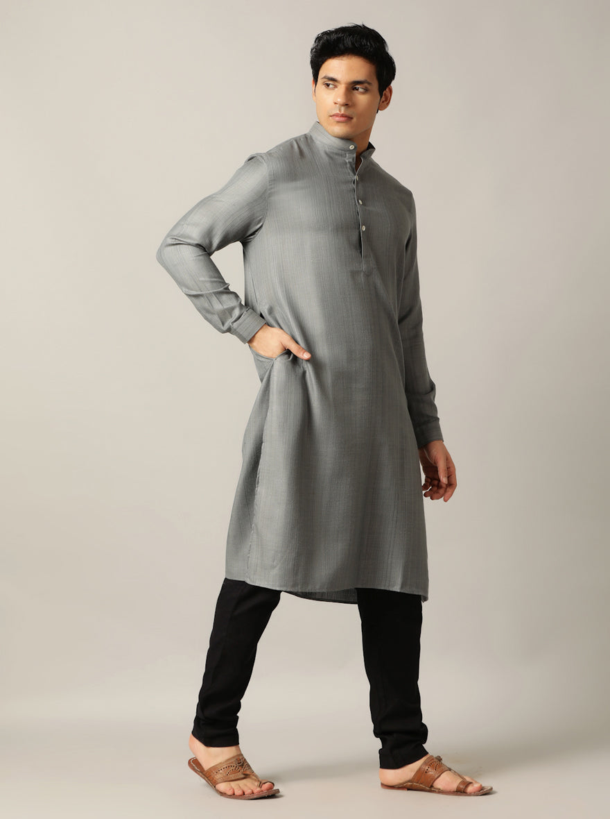 Grey Solid Regular Fit Modi Kurta | JadeBlue