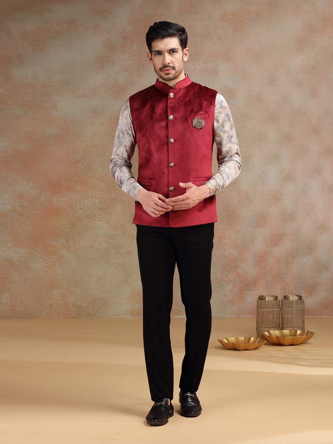 Maroon Broach Bandhgala Jacket | JB X JB