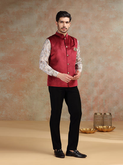 Maroon Broach Bandhgala Jacket | JB X JB