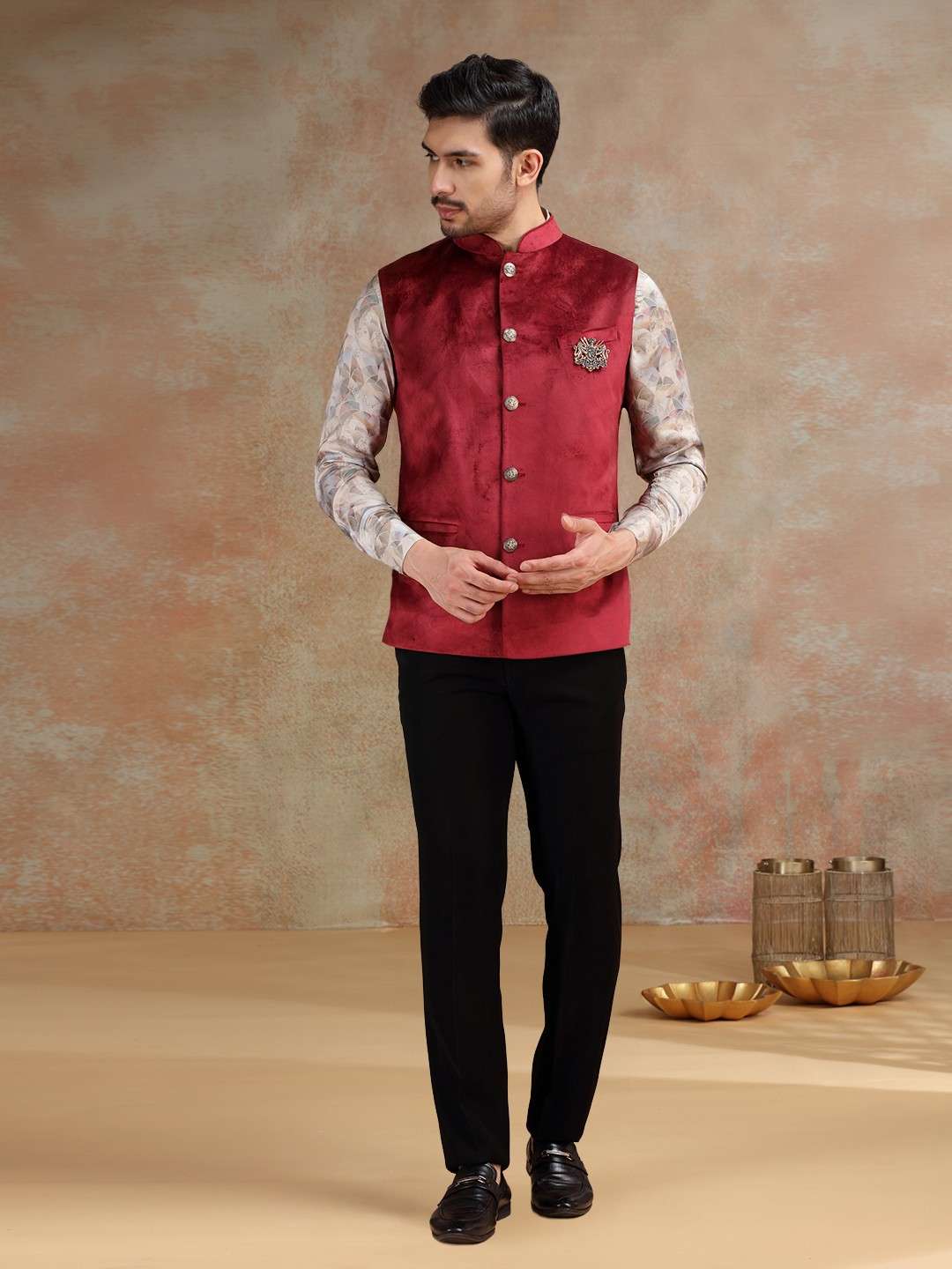 Maroon Broach Bandhgala Jacket | JB X JB