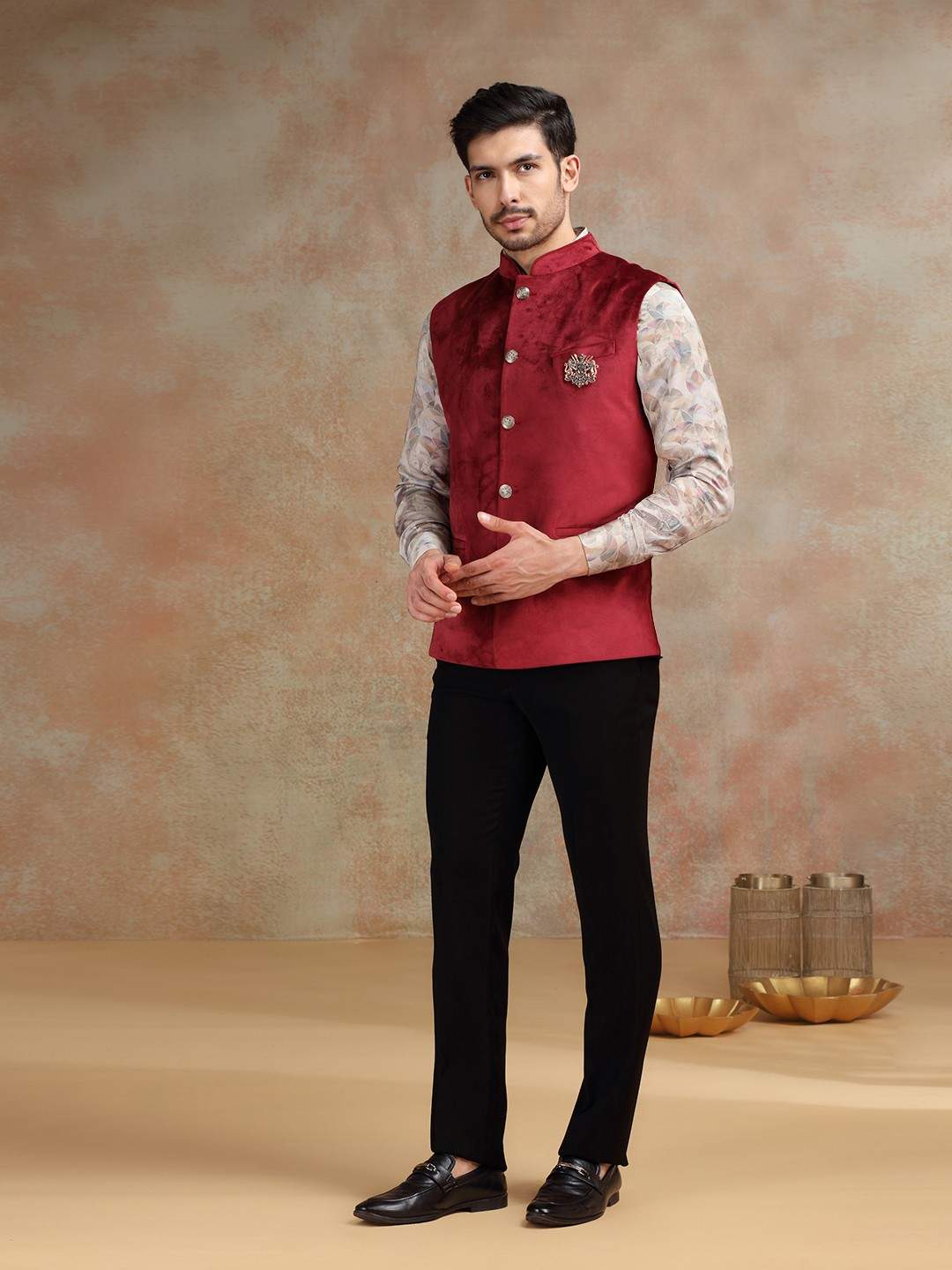 Maroon Broach Bandhgala Jacket | JB X JB