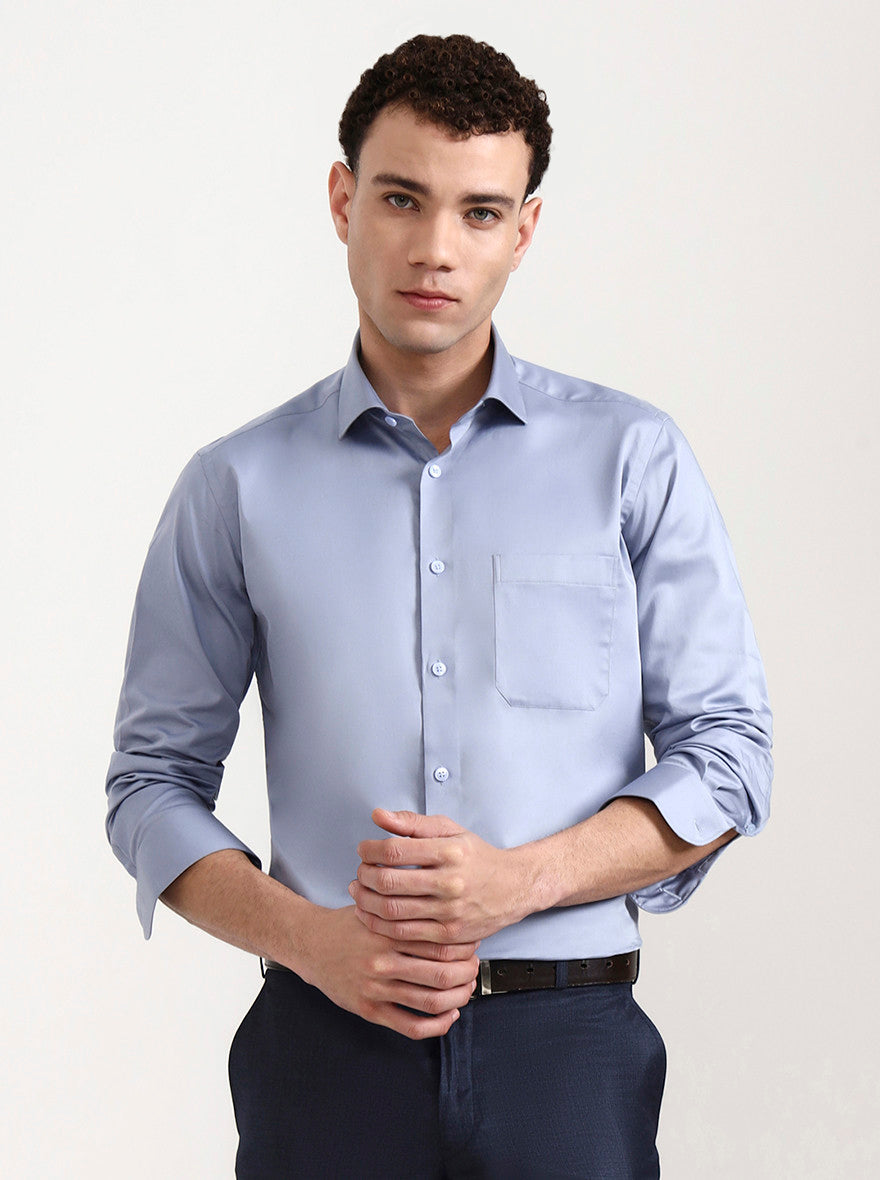 Sky Blue Solid Slim Fit Formal Shirt | Metal