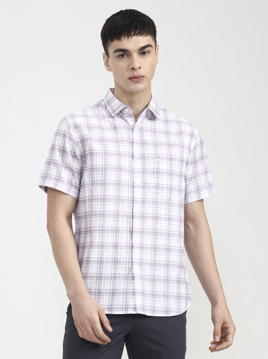 White & Purple Checked Slim Fit Casual Shirt | Greenfibre