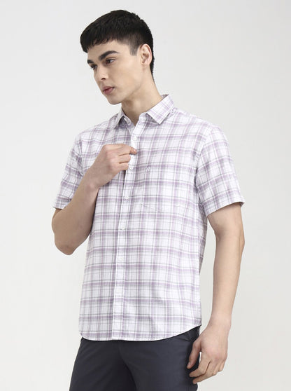 White & Purple Checked Slim Fit Casual Shirt | Greenfibre