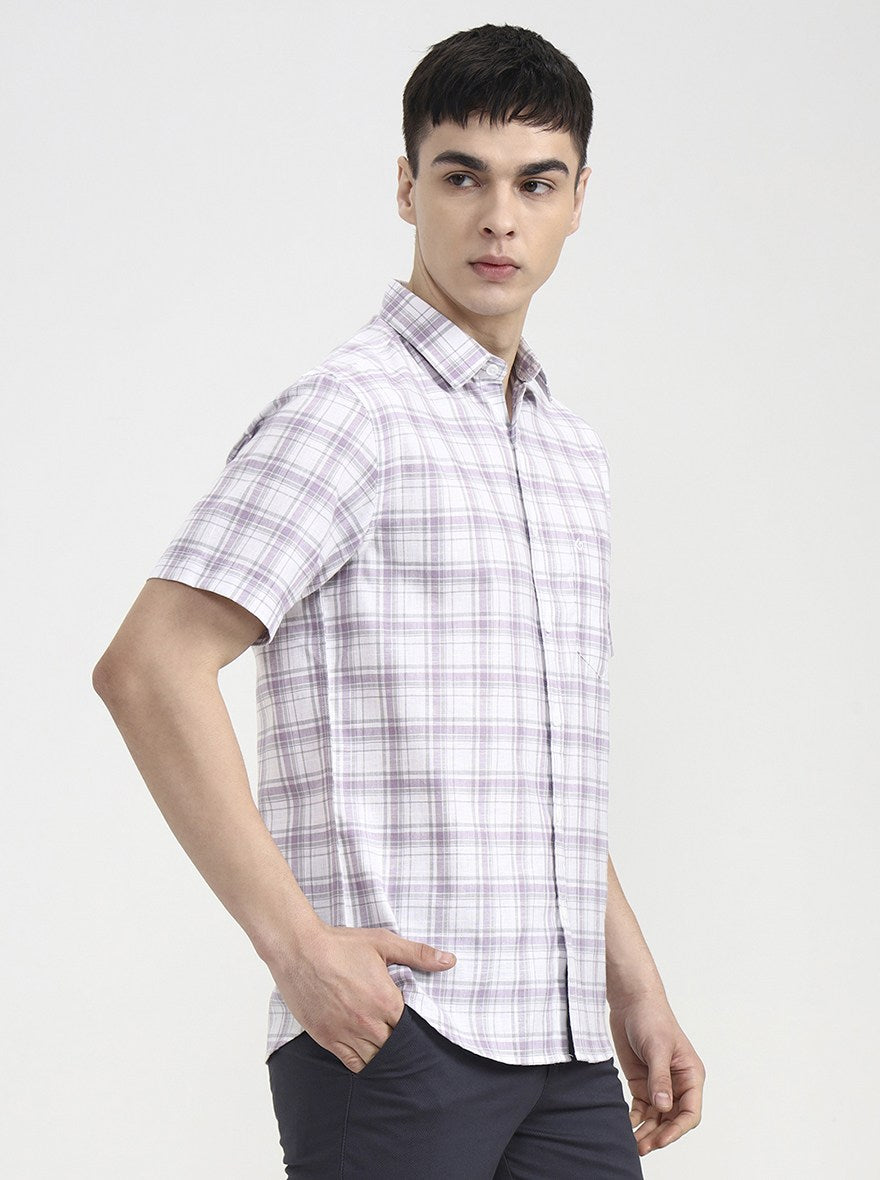 White & Purple Checked Slim Fit Casual Shirt | Greenfibre