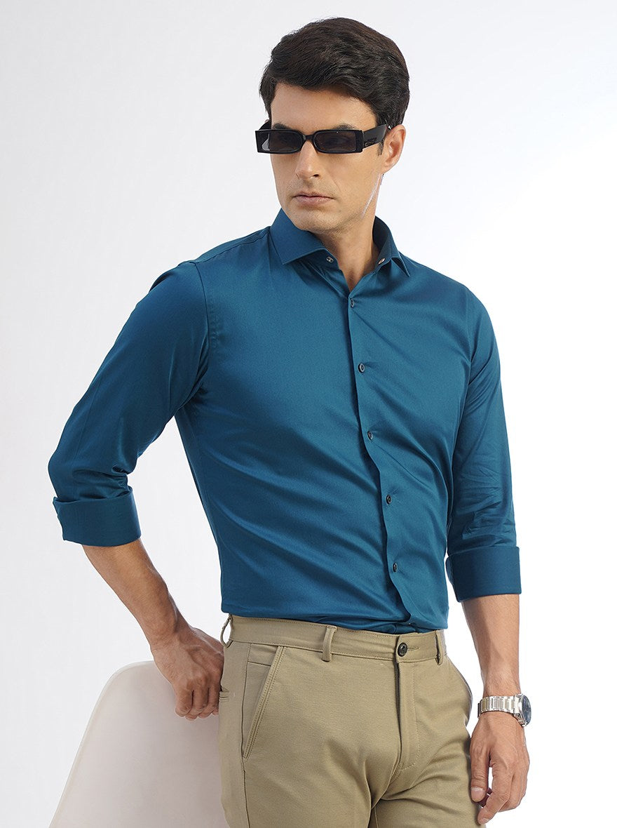Blue Solid Slim Fit Party Wear Shirt | Wyre