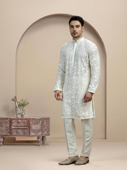 Cream Embroidered Kurta Pajama | Virasana