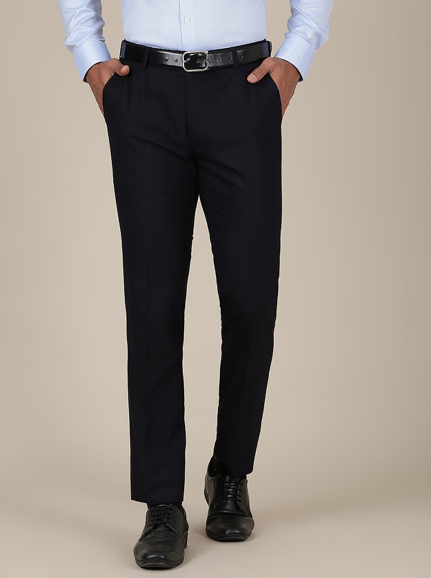 Navy Blue Checked Slim Fit Formal Trouser | Metal