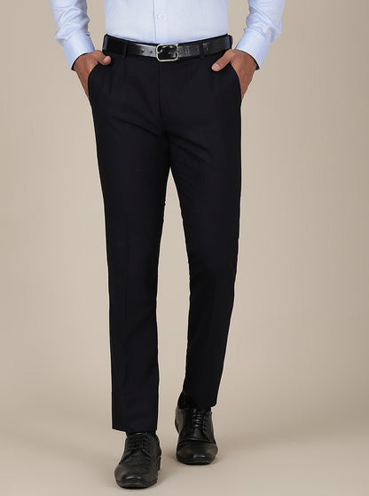 Navy Blue Checked Slim Fit Formal Trouser | Metal