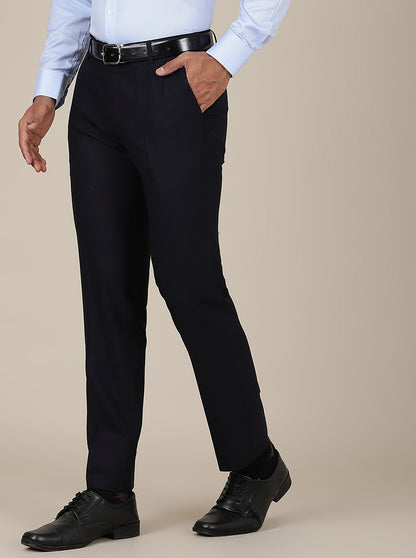 Navy Blue Checked Slim Fit Formal Trouser | Metal