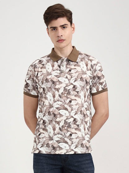 Brown Printed Slim Fit Polo T-Shirt | Greenfibre