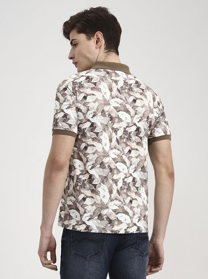 Brown Printed Slim Fit Polo T-Shirt | Greenfibre
