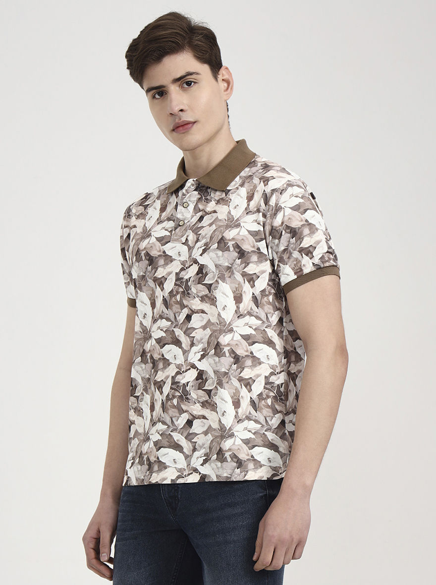 Brown Printed Slim Fit Polo T-Shirt | Greenfibre