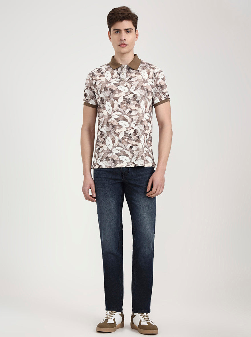 Brown Printed Slim Fit Polo T-Shirt | Greenfibre