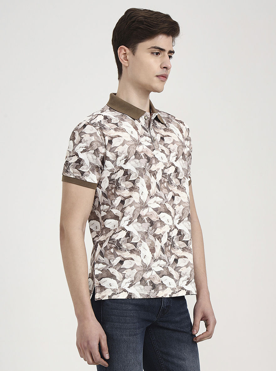Brown Printed Slim Fit Polo T-Shirt | Greenfibre