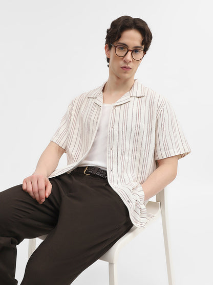 Cream Striped Slim Fit Casual Shirt | Greenfibre