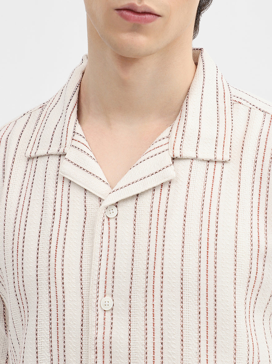 Cream Striped Slim Fit Casual Shirt | Greenfibre