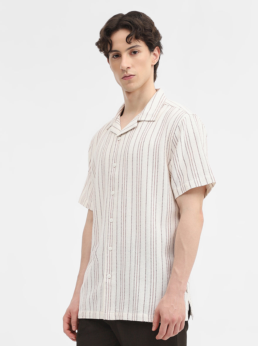 Cream Striped Slim Fit Casual Shirt | Greenfibre