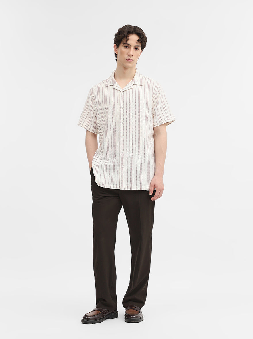 Cream Striped Slim Fit Casual Shirt | Greenfibre