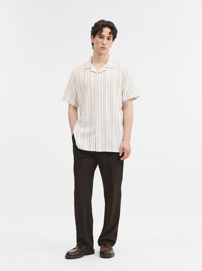 Cream Striped Slim Fit Casual Shirt | Greenfibre