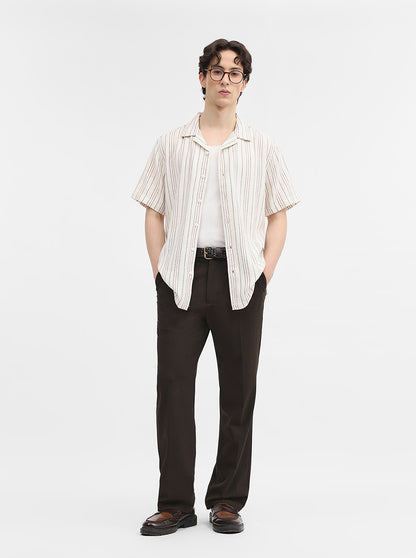 Cream Striped Slim Fit Casual Shirt | Greenfibre