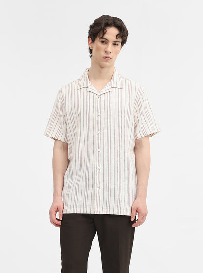 Cream Striped Slim Fit Casual Shirt | Greenfibre
