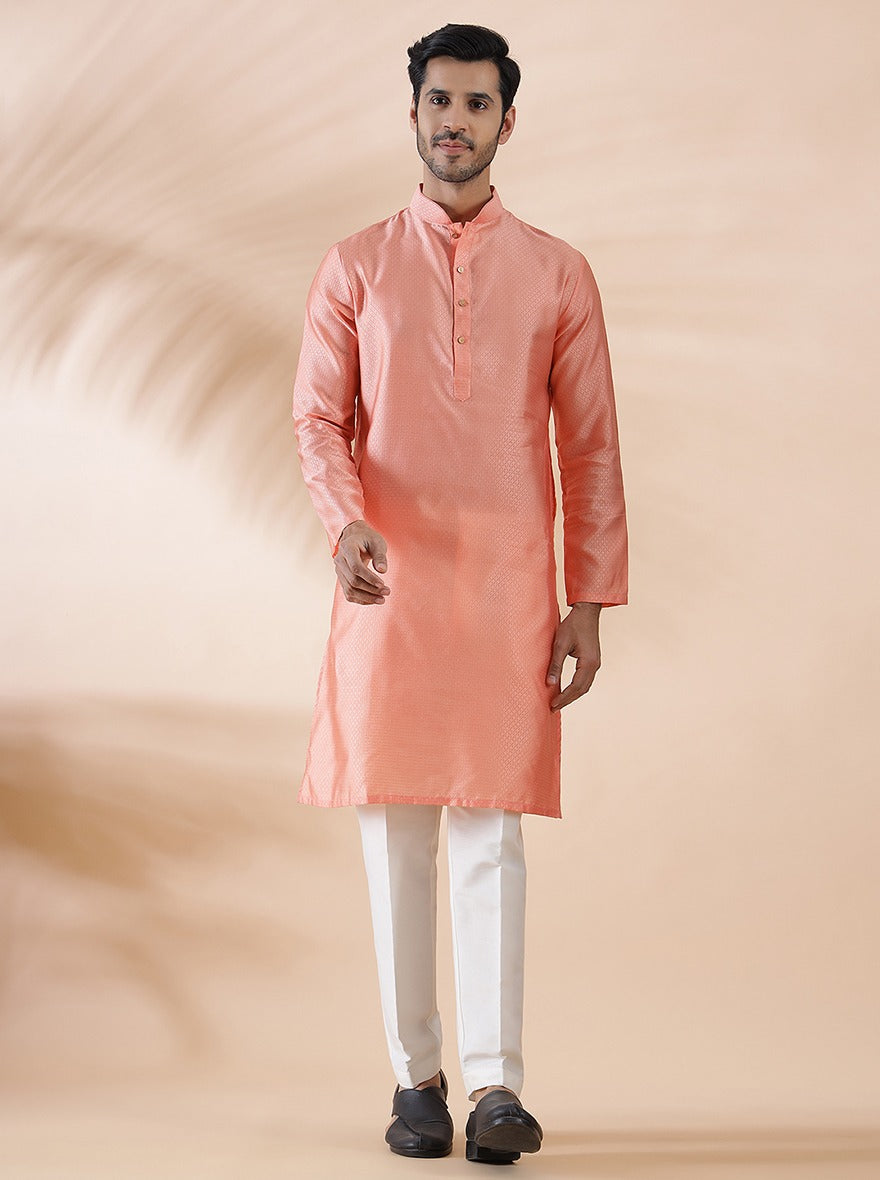 Coral Peach Self Design Kurta | The Kurta Company