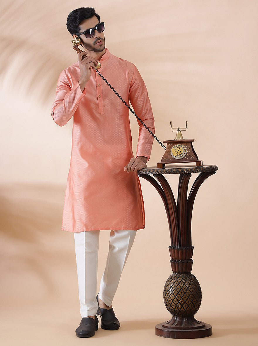 Coral Peach Self Design Kurta | The Kurta Company