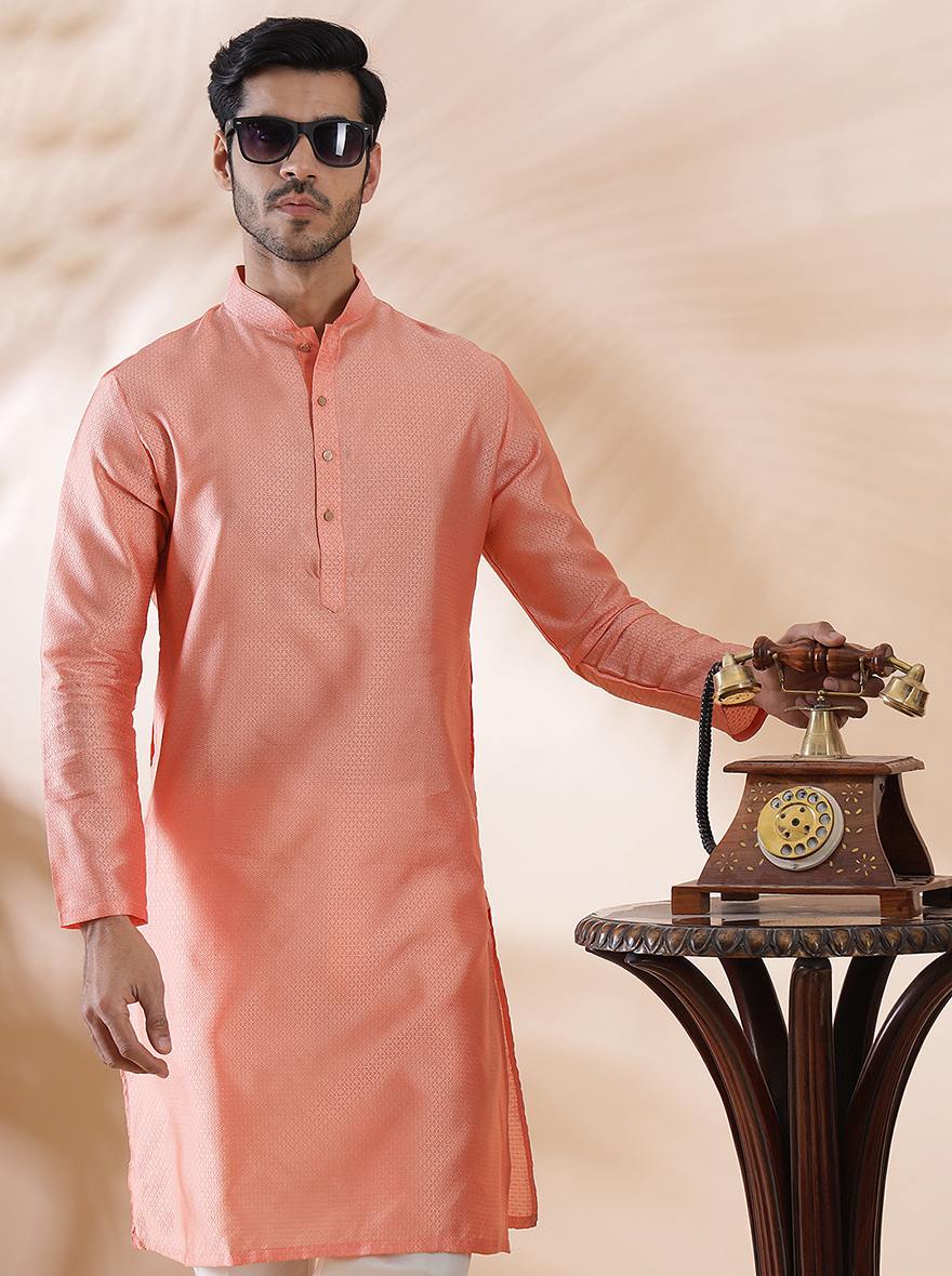 Coral Peach Self Design Kurta | The Kurta Company