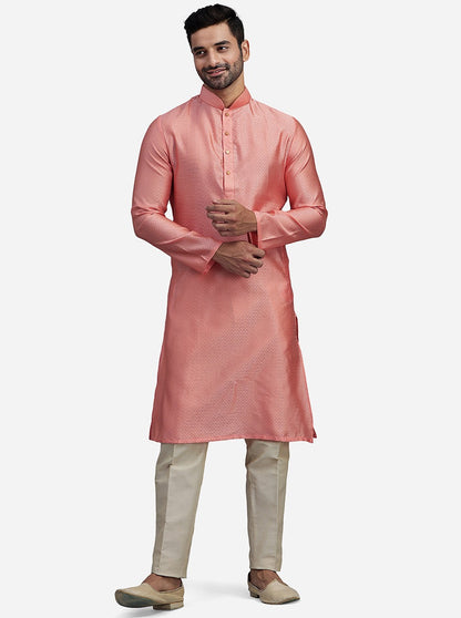 Coral Peach Silk Jacquard Self Design Kurta | The Kurta Company