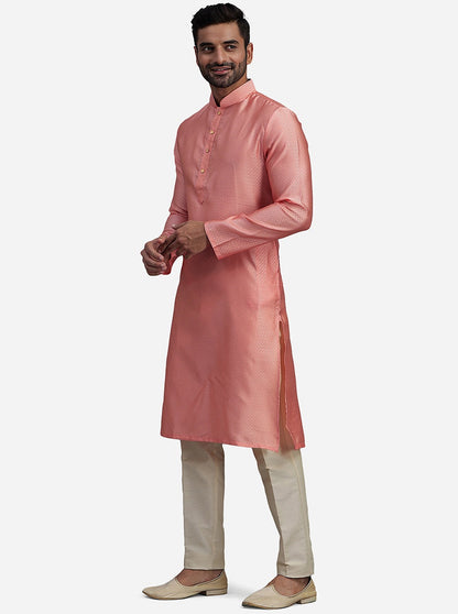 Coral Peach Silk Jacquard Self Design Kurta | The Kurta Company