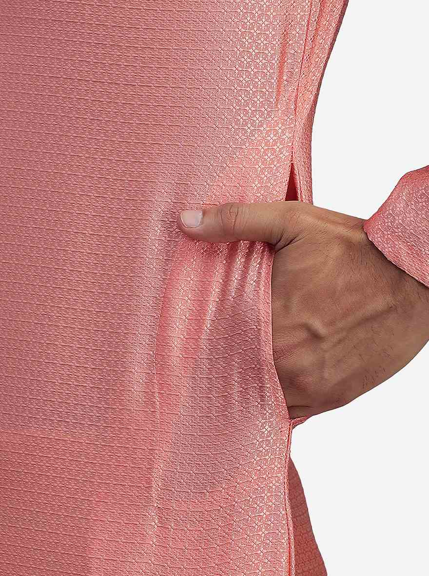 Coral Peach Silk Jacquard Self Design Kurta | The Kurta Company