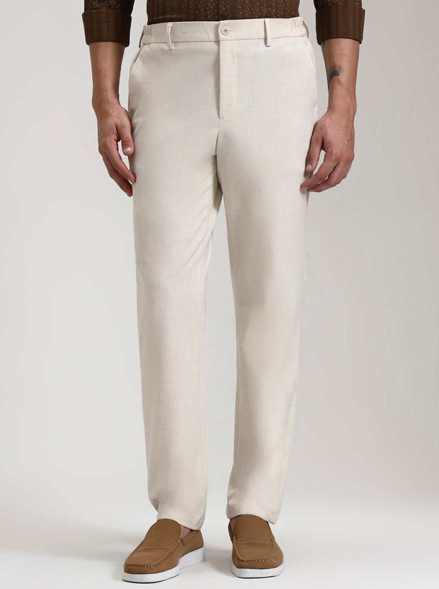 Cream Striped Slim Fit Casual Trouser | JadeBlue