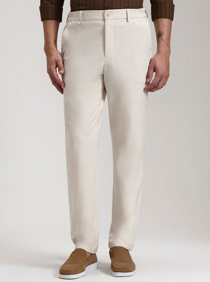 Cream Striped Slim Fit Casual Trouser | JadeBlue