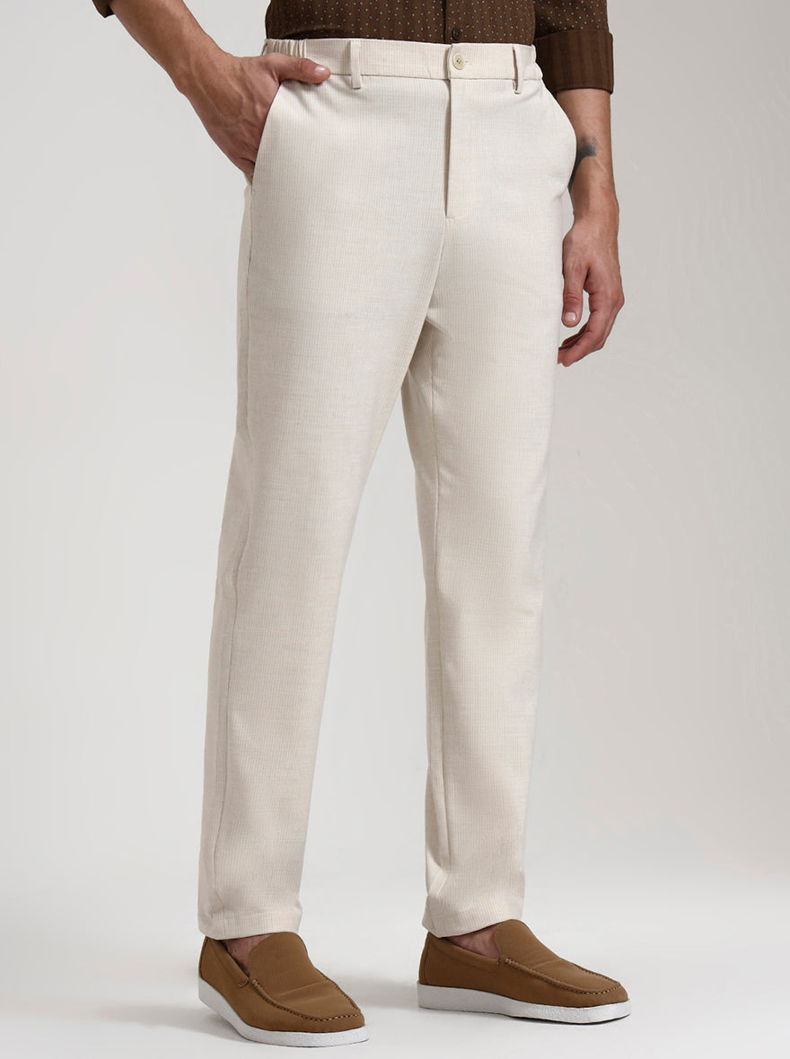 Cream Striped Slim Fit Casual Trouser | JadeBlue
