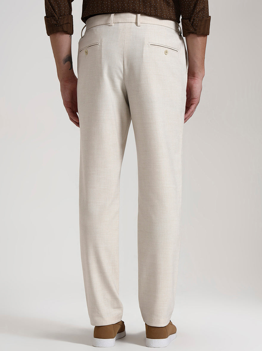 Cream Striped Slim Fit Casual Trouser | JadeBlue