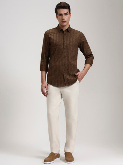 Cream Striped Slim Fit Casual Trouser | JadeBlue
