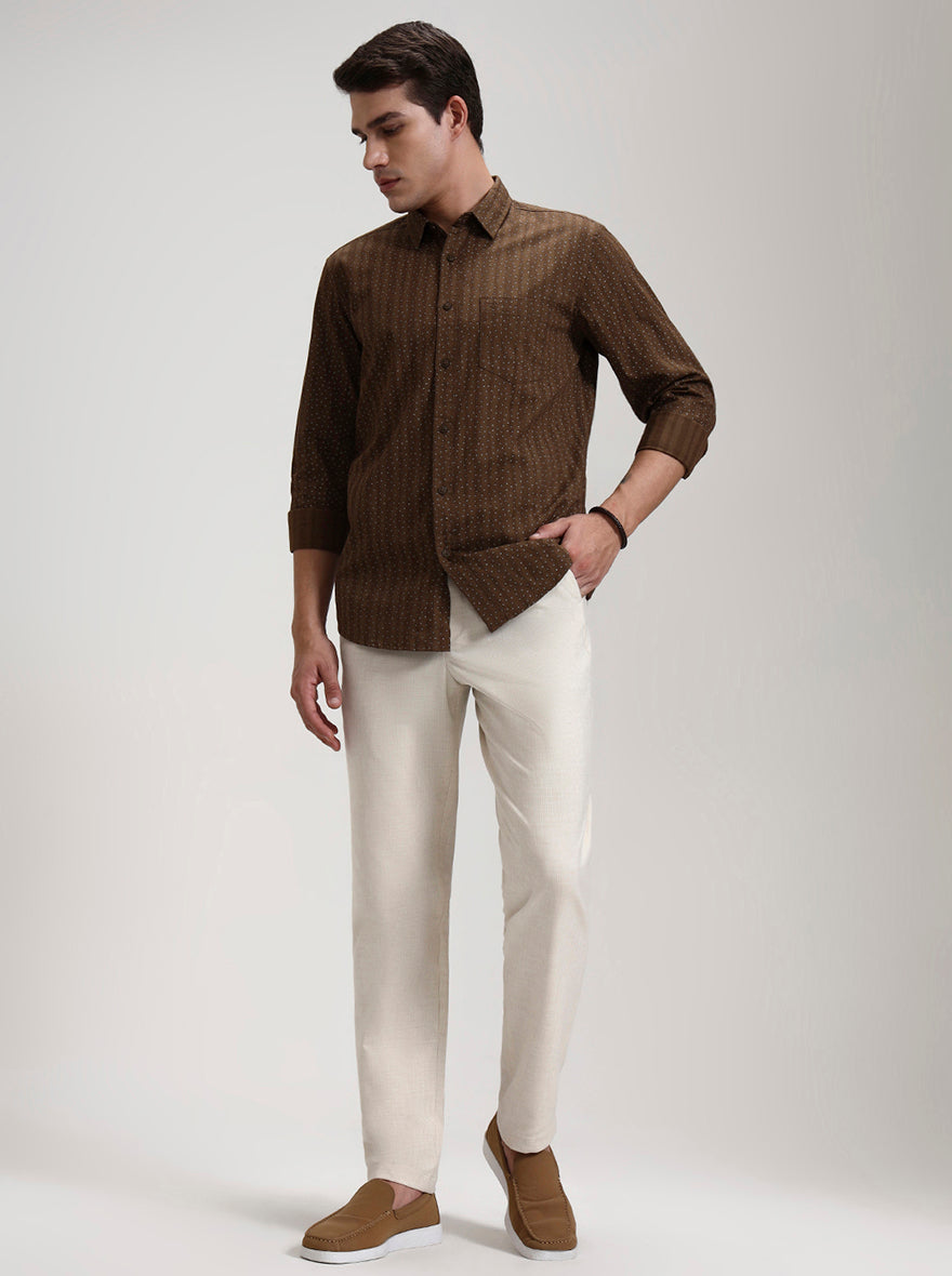 Cream Striped Slim Fit Casual Trouser | JadeBlue