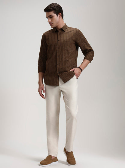 Cream Striped Slim Fit Casual Trouser | JadeBlue