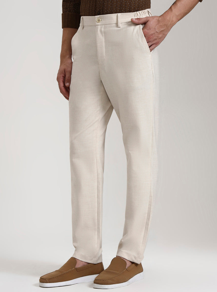 Cream Striped Slim Fit Casual Trouser | JadeBlue