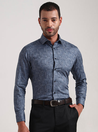 Blue Printed Slim Fit Formal Shirt | Metal