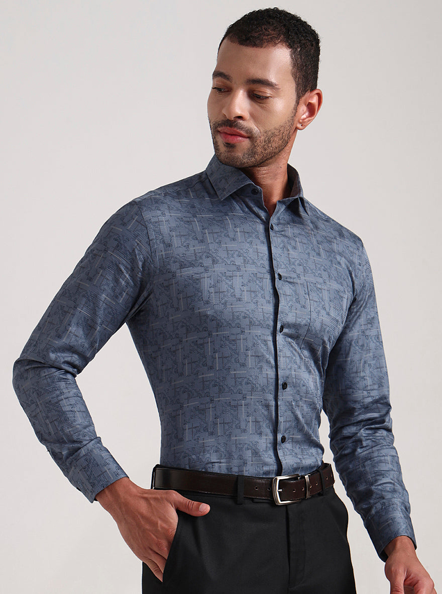 Blue Printed Slim Fit Formal Shirt | Metal