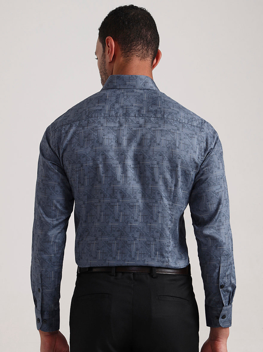 Blue Printed Slim Fit Formal Shirt | Metal
