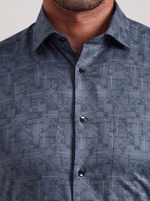 Blue Printed Slim Fit Formal Shirt | Metal