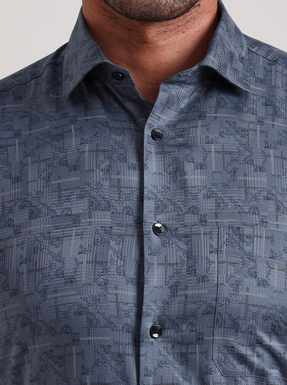 Blue Printed Slim Fit Formal Shirt | Metal