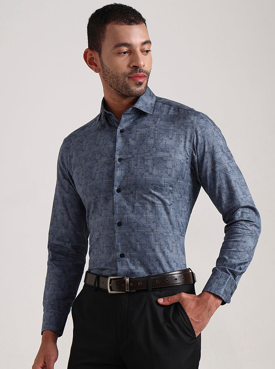 Blue Printed Slim Fit Formal Shirt | Metal