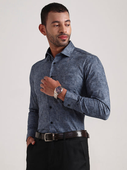 Blue Printed Slim Fit Formal Shirt | Metal